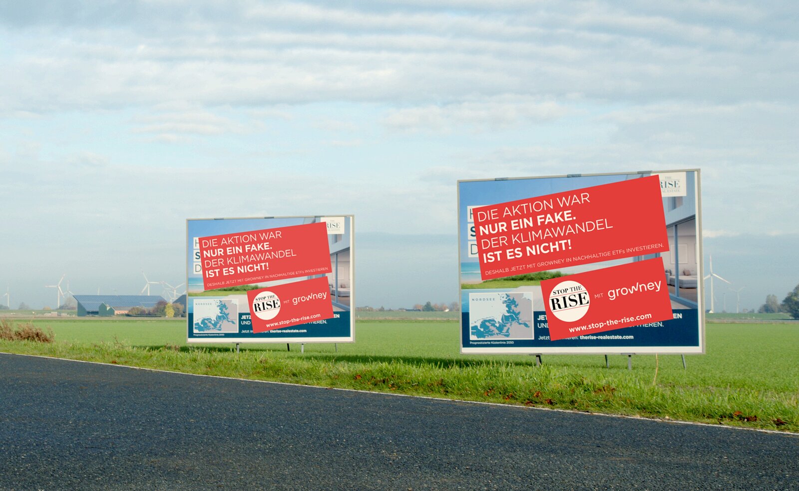 überklebte Plakate Stop the Rise: Nachhaltige Geldanlage für mehr Klimaschutz