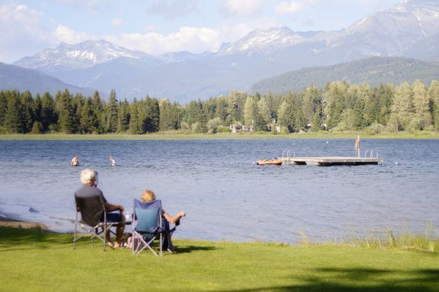 Altersvorsorge: Rentner-Ehepaar sitzt am See; ETF Sparen für die Rente