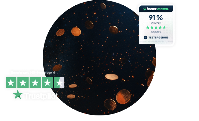 Trustpilot-und Finanzwissen-Logos vor Sternenhimmel
