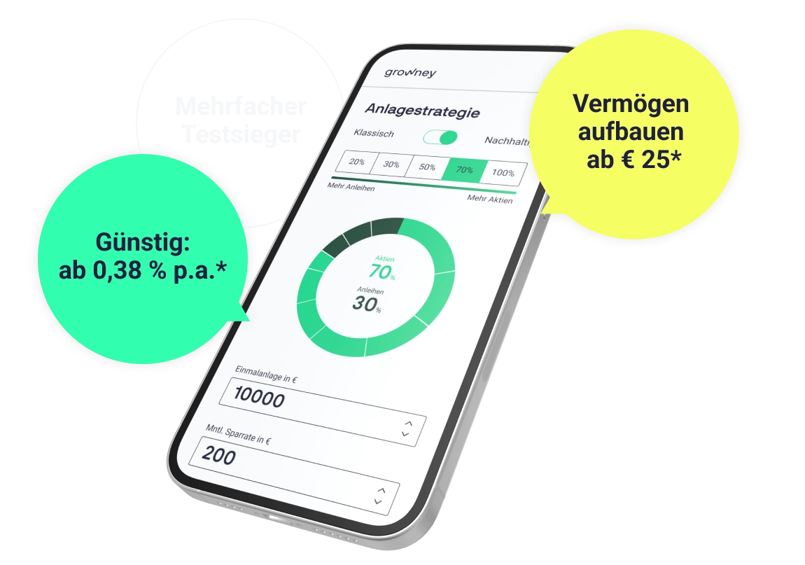 Handy mit dem Anlageplaner für ETF-Geldanlage von growney.