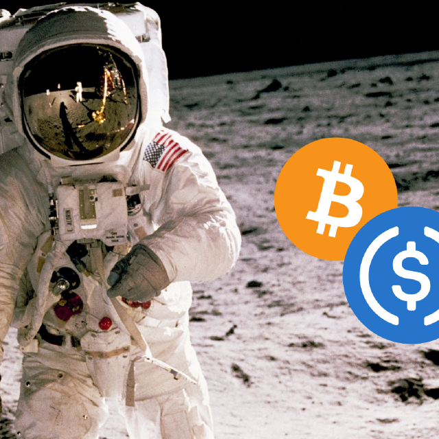 Mensch auf dem Mond, mit Kryptozeichen; Stablecoins und Bitcoin: Kryptowährungen im Vergleich